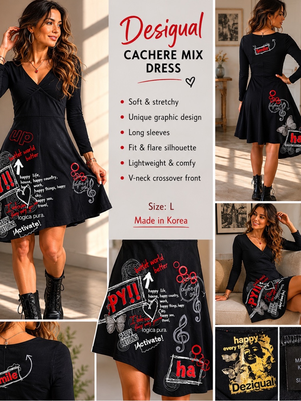 Desigual Black Graphic V‑Neck Fit & Flare Dress